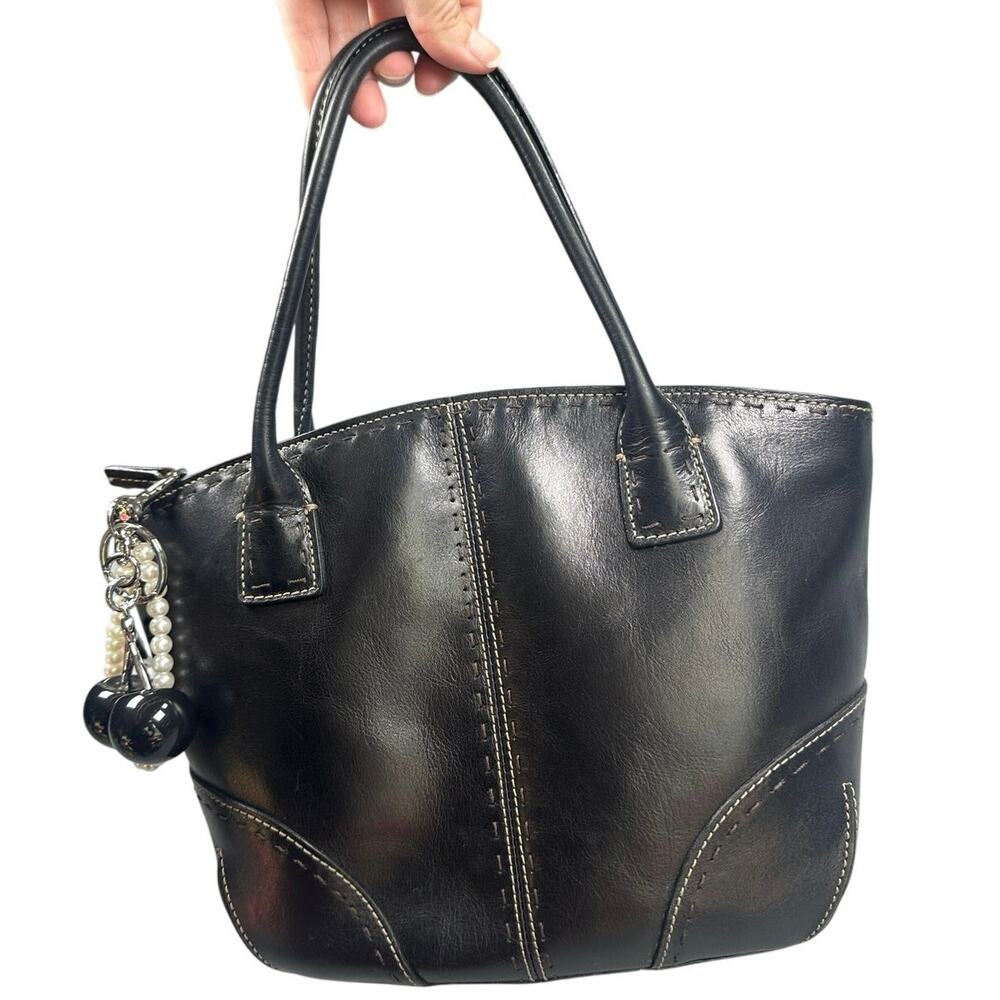 Fossil Black Leather Sedona Satchel Handbag Cherry Charm